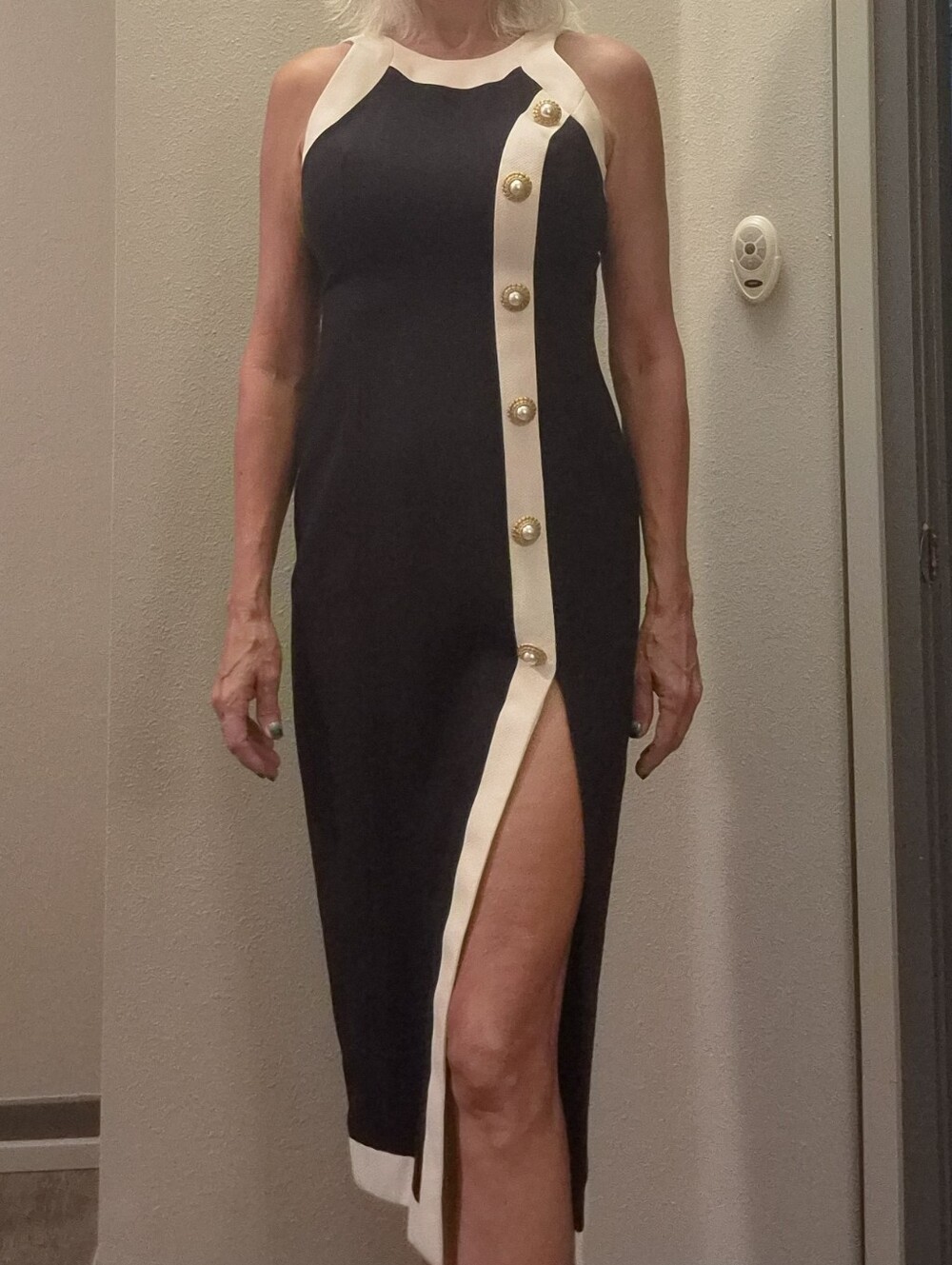 Cache Black and White Sleeveless Dress with Gold Buttons Size 6